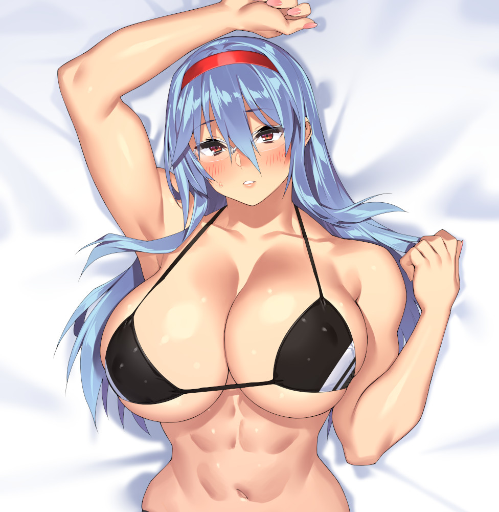 23 (real xxiii), sabra greengold, comiket 105, gakuen taisen valkyries, 1girl, abs, bikini, black bikini, breasts, brown eyes, collarbone, covered erect nipples, dakimakura (medium), glasses, grey hair, hairband, large breasts, lips, long hair, lying, muscular, muscular female, navel, on back, red hairband, solo, sweat, swimsuit