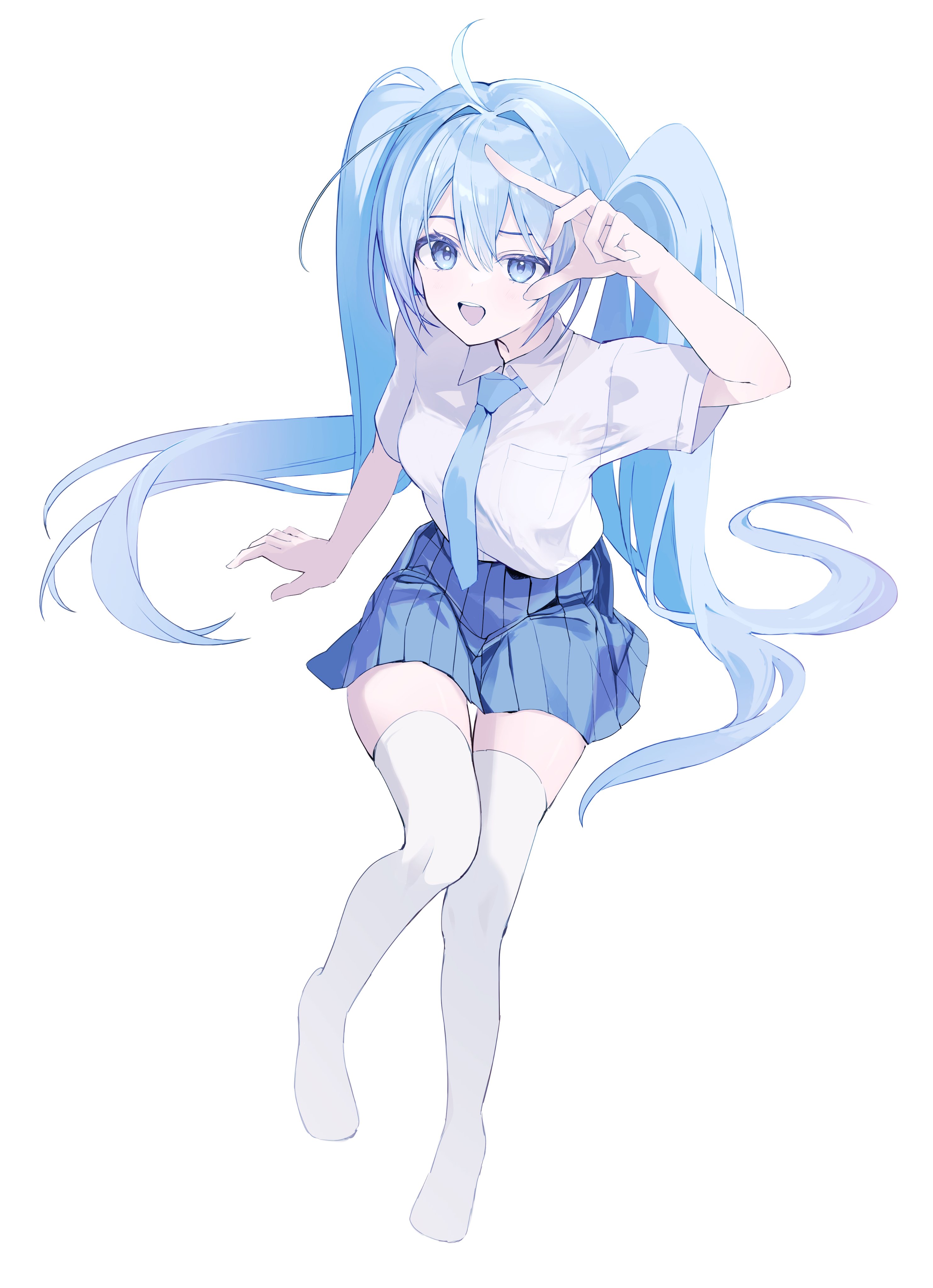 koda24, hatsune miku, vocaloid, absurdres, hashtag-only commentary, highres, 1girl, :d, arm up, blue eyes, blue hair, blue necktie, blue skirt, breast pocket, collared shirt, full body, hair between eyes, knees together feet apart, long hair, looking at viewer, necktie, no shoes, open mouth, pleated skirt, pocket, shirt, short sleeves, simple background, skirt, smile, solo, thighhighs, twintails, uneven eyes, very long hair, white background, white shirt, white thighhighs, zettai ryouiki