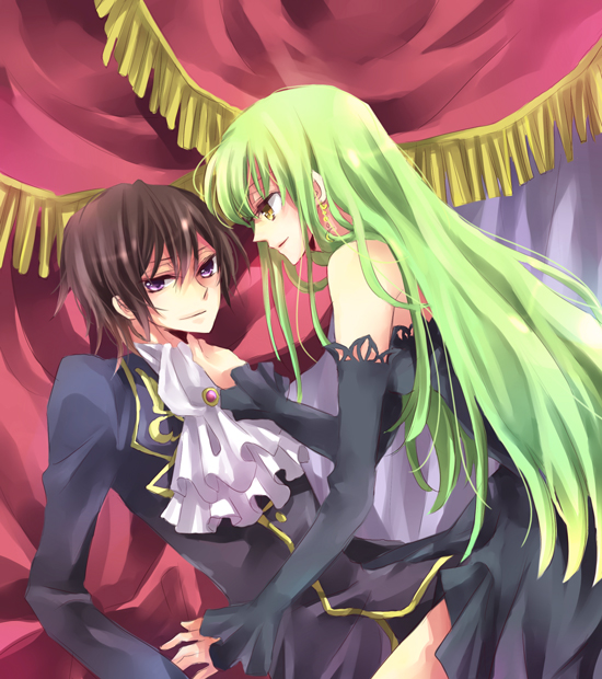 karu, yuzuki karu, c.c., lelouch vi britannia, code geass, bad id, bad pixiv id, 00s, bare shoulders, detached sleeves, girl on top, green hair, yellow eyes
