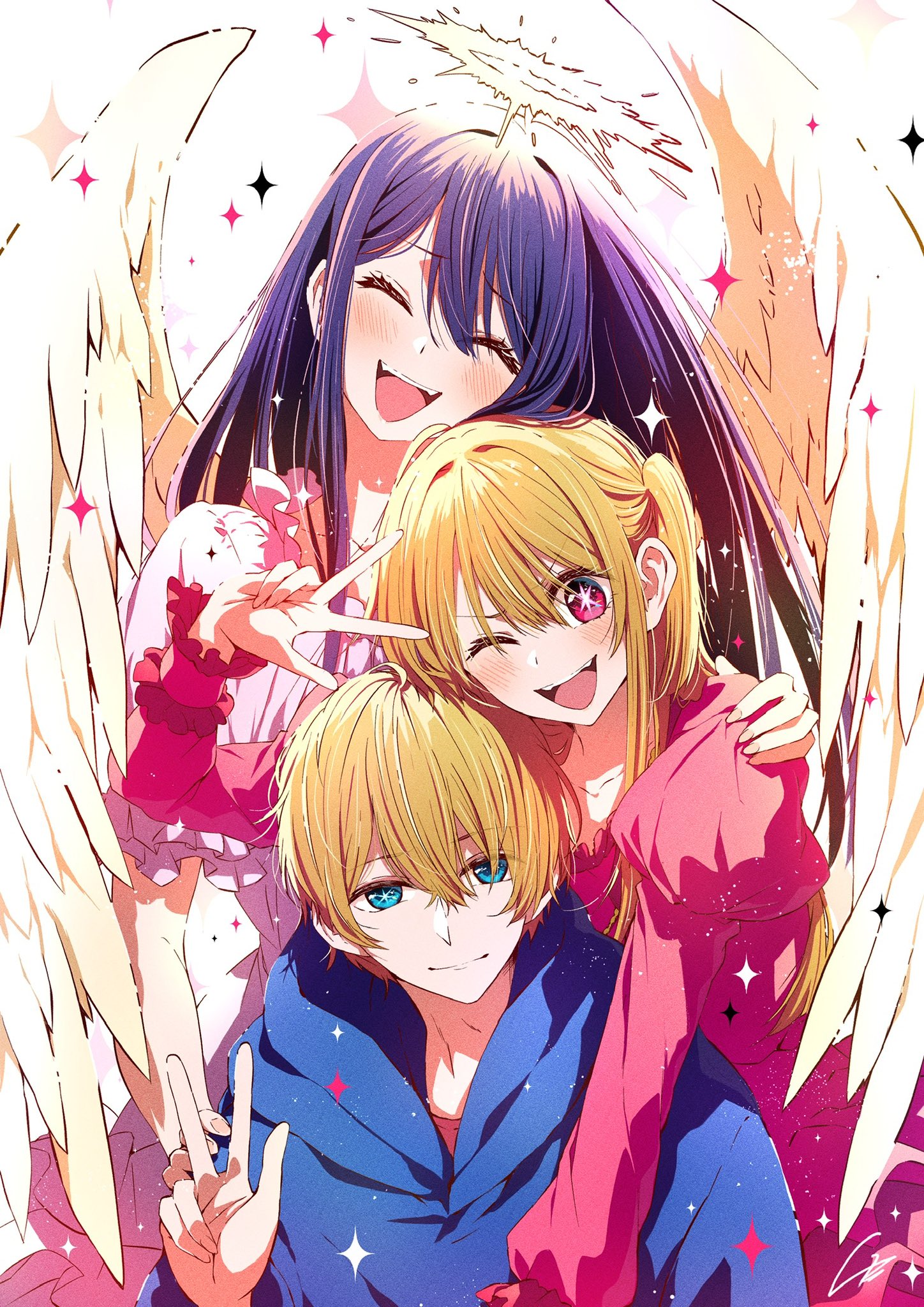 4b-enpitsu, hoshino ai, hoshino aquamarine, hoshino ruby, oshi no ko, commentary, highres, 1boy, 2girls, angel wings, blonde hair, blue eyes, blue hoodie, blush, closed eyes, dress, hair between eyes, halo, hand on another's shoulder, hood, hood down, hoodie, juliet sleeves, long hair, long sleeves, mother and daughter, mother and son, multiple girls, one eye closed, open mouth, pink dress, pink eyes, puffy sleeves, purple hair, short hair, sidelocks, star-shaped pupils, star (symbol), symbol-shaped pupils, teeth, upper teeth only, w, wings
