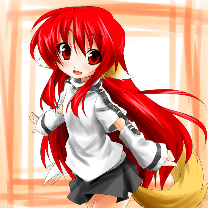 takeya yuuki, takeyasan, original, animal ears, long hair, red eyes, red hair, skirt, smile, solo, tail, very long hair