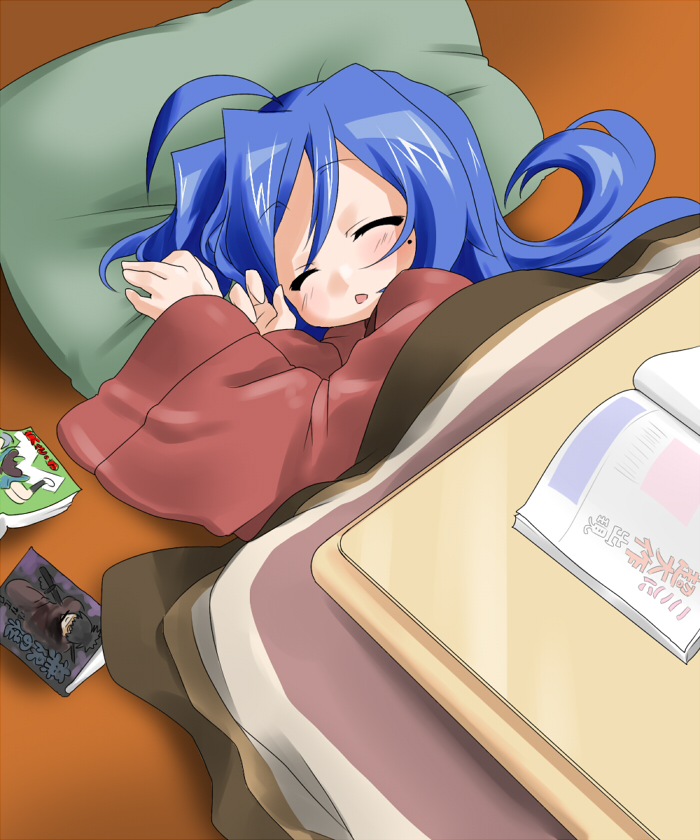 takeya yuuki, takeyasan, izumi konata, lucky star, 00s, 1girl, ahoge, blue hair, book, closed eyes, female focus, kotatsu, mole, mole under eye, pillow, sleeping, solo, table, under table, wide sleeves