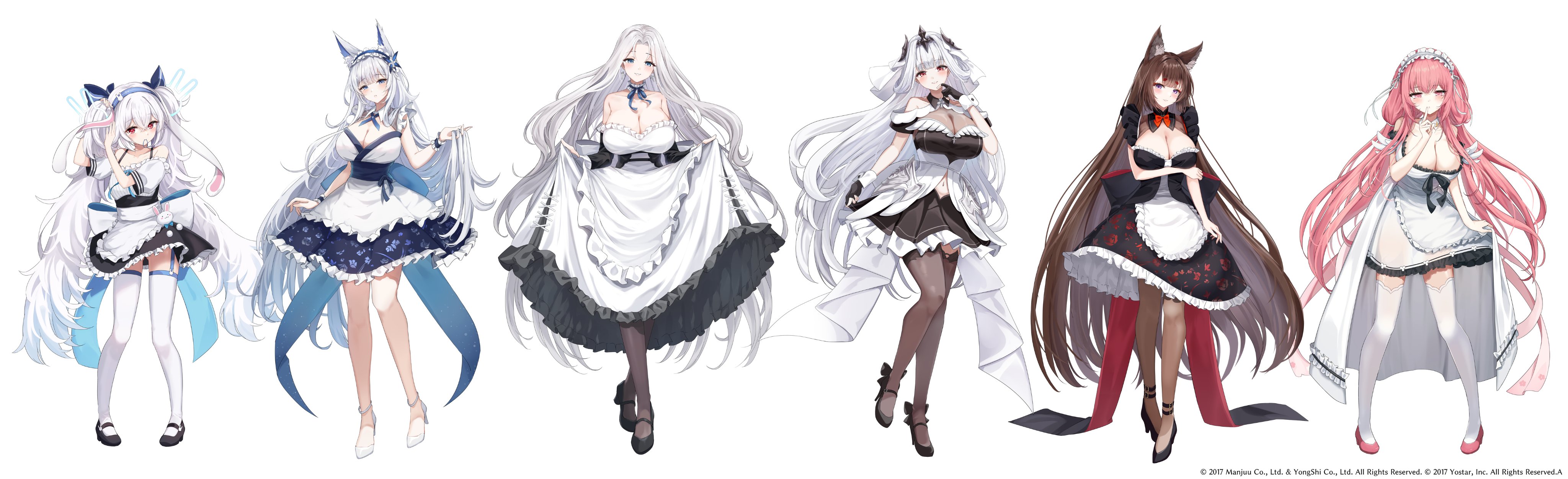 igayan, amagi (azur lane), laffey (azur lane), laffey ii (azur lane), marseillaise (azur lane), perseus (azur lane), shinano (azur lane), yorktown (azur lane), yorktown ii (azur lane), azur lane, absurdres, highres, official art, 6+girls, animal ears, apron, bare shoulders, black gloves, black shoes, breasts, brown hair, brown pantyhose, brown thighhighs, cleavage, closed mouth, dress, fox ears, fox girl, full body, gloves, grey hair, hair between eyes, high heels, index finger raised, large breasts, long hair, looking at viewer, maid, maid apron, multiple girls, pantyhose, parted lips, partially fingerless gloves, pink hair, pink shoes, shoes, short sleeves, simple background, smile, standing, thighhighs, twintails, very long hair, white background, white hair, white shoes, white thighhighs