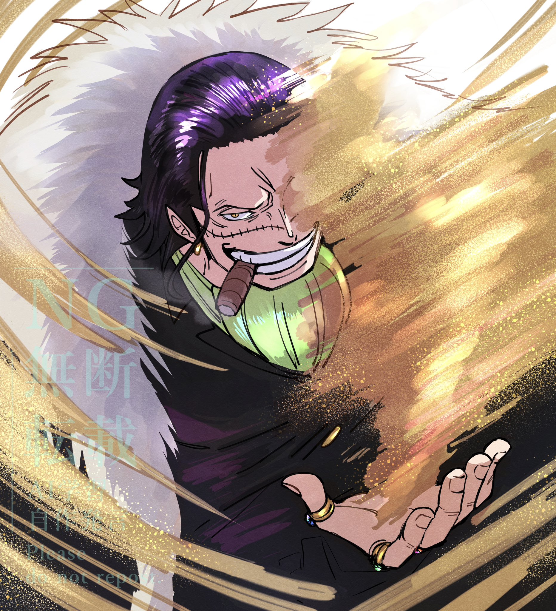 sengoku03100905, crocodile (one piece), one piece, commentary request, highres, 1boy, ascot, cigar, coat, devil fruit power, earrings, fur-trimmed coat, fur trim, green ascot, hair slicked back, jewelry, looking at viewer, male focus, ring, sand, smile, solo, stitched face, stitches, vest