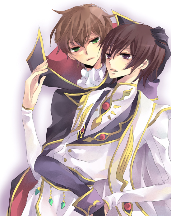 karu, yuzuki karu, kururugi suzaku, lelouch vi britannia, zero (code geass), code geass, bad id, bad pixiv id, 00s, 2boys, black hair, brown hair, green eyes, hug, multiple boys, purple eyes