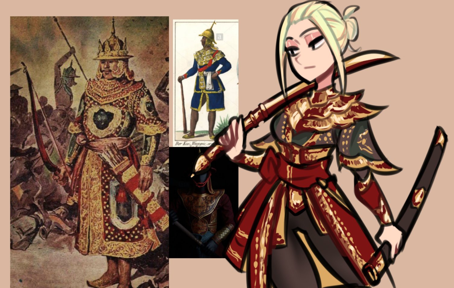 centurii-chan, original, photo-referenced, 1girl, armor, arrow (projectile), blonde hair, bow (weapon), closed mouth, gold armor, holding, holding bow (weapon), holding sheath, holding sword, holding weapon, over shoulder, quiver, sheath, short hair, sidelocks, sword, thai clothes, weapon, weapon over shoulder