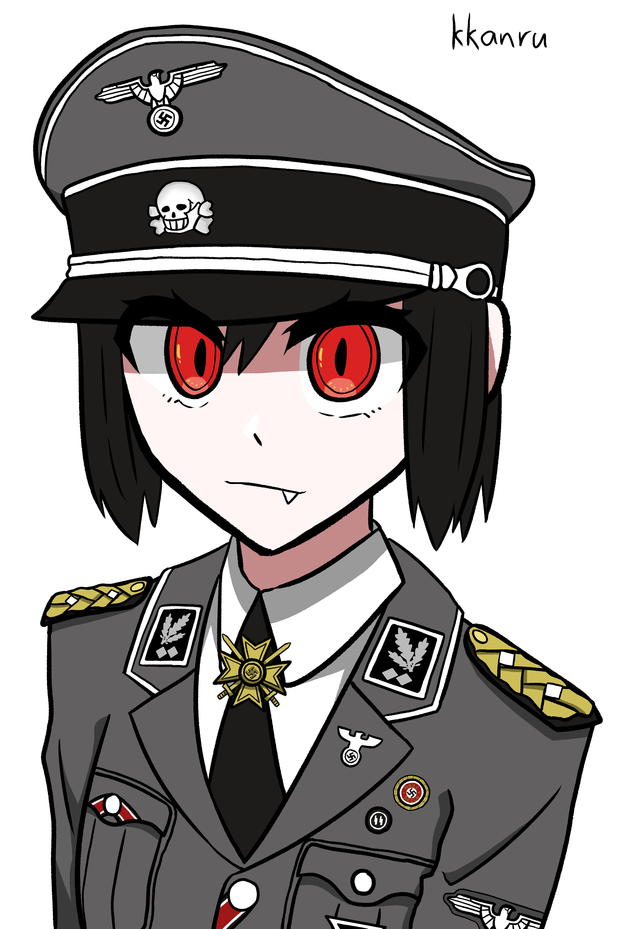 koalakanru, original, absurdres, highres, 1girl, armor, artist name, black hair, fang, military dress uniform, military uniform, nazi, necktie, pauldrons, pin, portrait, red eyes, reichsadler, short hair, shoulder armor, solo, ss insignia, sven hoffmann, swastika, totenkopf