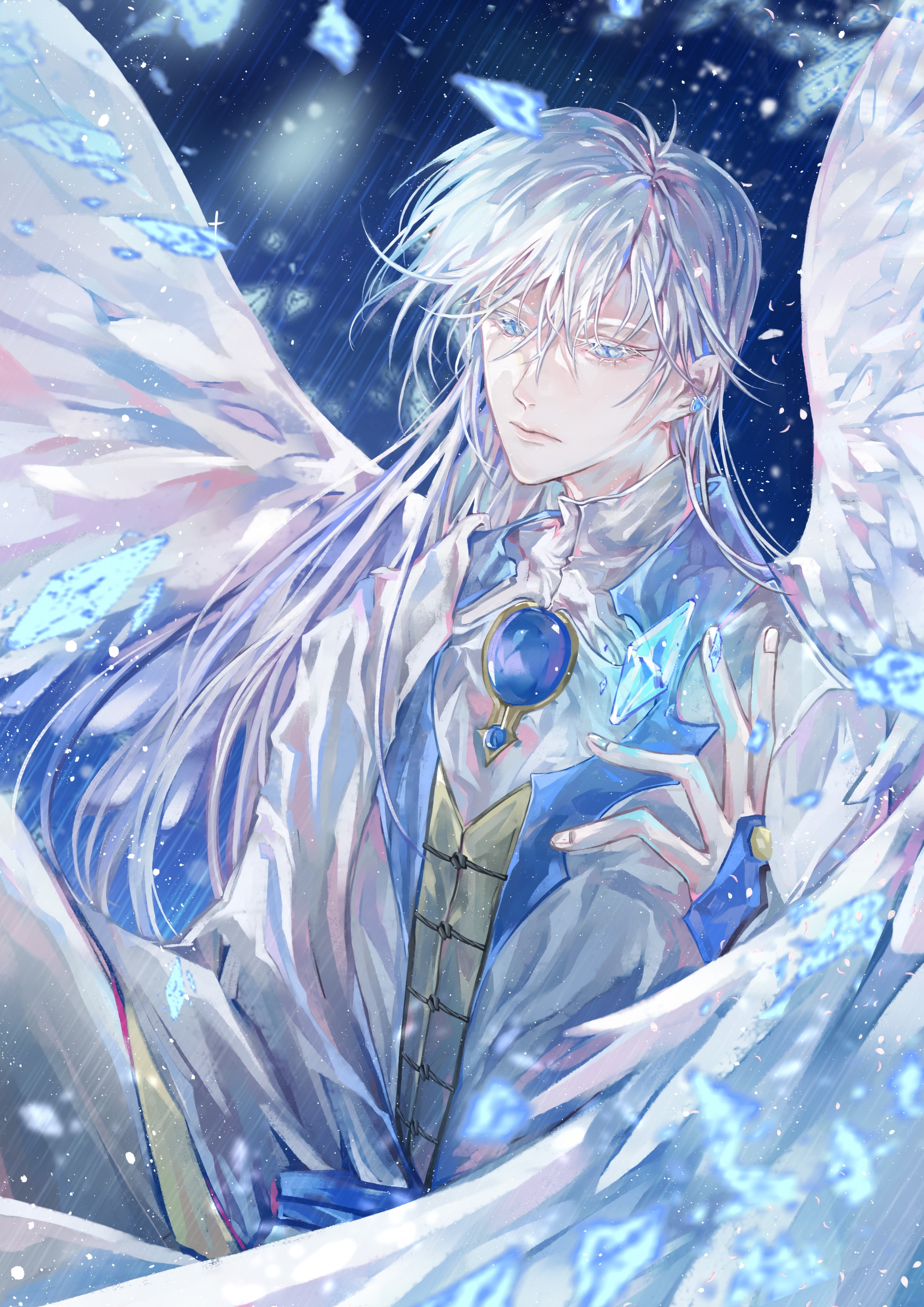 yue (cardcaptor sakura), cardcaptor sakura, absurdres, chinese commentary, highres, 1boy, angel wings, blue background, blue eyes, blue gemstone, chashuimeifiom, chest jewel, chinese clothes, closed mouth, colored eyelashes, earrings, expressionless, feathered wings, gem, hand up, jewelry, long hair, long sleeves, looking at viewer, looking down, male focus, robe, shards, sleeves past wrists, solo, stud earrings, tangzhuang, upper body, white eyelashes, white hair, white robe, white wings, wings