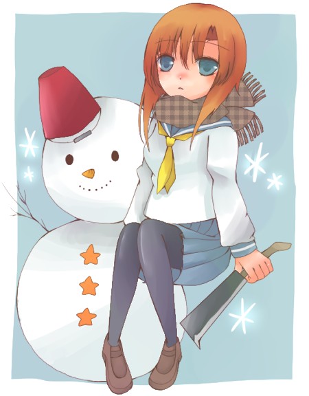 ryuuguu rena, higurashi no naku koro ni, 00s, 1girl, billhook, blue eyes, female focus, hashitsuki nata, hatchet, nata (tool), orange hair, pantyhose, scarf, school uniform, serafuku, short hair, snowman, solo, winter