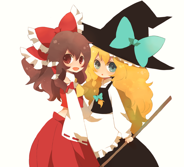 shichi, hakurei reimu, kirisame marisa, touhou, bad id, bad pixiv id, 2girls, blonde hair, blue eyes, brown eyes, brown hair, female focus, hat, japanese clothes, long hair, miko, multiple girls, ribbon, short hair, simple background, skirt, white background, witch