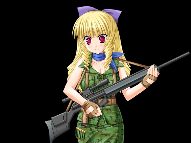 miyasu risa, ryuugasaki reika, honoo no haramase tenkousei, game cg, variant set, 1girl, 2000s (style), belt, black background, blonde hair, blue scarf, blunt bangs, blush, bow, breasts, brown belt, brown gloves, cleavage, closed mouth, collarbone, collared shirt, cowboy shot, drill hair, fingerless gloves, gloves, gun, h&k psg1, hair bow, holding, holding gun, holding weapon, huge breasts, knife, long hair, looking at viewer, military uniform, purple bow, red eyes, rifle, scarf, scope, shirt, side drill, sidelocks, simple background, sleeveless, sniper rifle, solo, standing, surprised, tachi-e, tsurime, twin drills, very long hair, weapon, wide-eyed