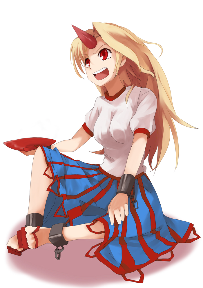 mie haru, mieharu, hoshiguma yuugi, touhou, 1girl, blonde hair, chain, cup, female focus, horns, long hair, red eyes, sakazuki, single horn, solo