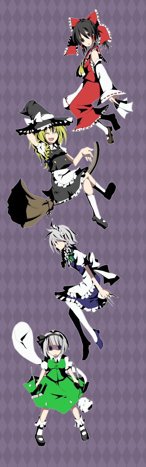 asatsuki hiko, kosui (artist), hakurei reimu, izayoi sakuya, kirisame marisa, konpaku youmu, konpaku youmu (ghost), imperishable night, touhou, silver hair, bad id, bad pixiv id, highres, long image, tall image, 4girls, blonde hair, blue eyes, broom, brown eyes, brown hair, female focus, hairband, hat, japanese clothes, knife, long hair, maid, miko, multiple girls, ribbon, short hair, throwing knife, weapon, witch, witch hat