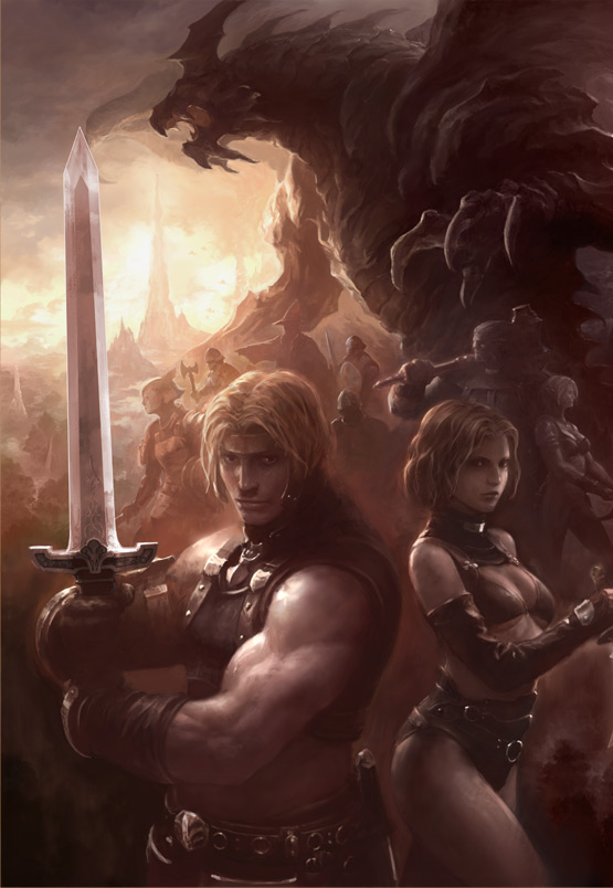 bahamut (final fantasy), elvaan, mithra (ff11), final fantasy, final fantasy xi, 00s, 1girl, 6+boys, axe, blonde hair, dragon, elf, galka, hammer, hume, multiple boys, muscular, pointy ears, short hair, sunset, sword, weapon