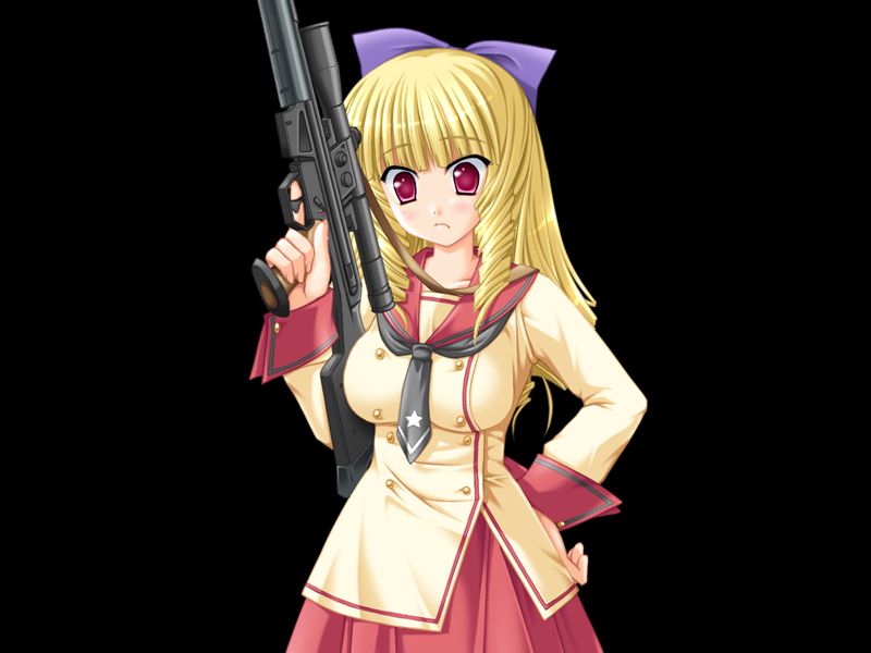 miyasu risa, ryuugasaki reika, honoo no haramase tenkousei, game cg, variant set, 1girl, 2000s (style), black background, blonde hair, blunt bangs, blush, bow, breasts, closed mouth, collarbone, cowboy shot, drill hair, drill sidelocks, grey neckerchief, gun, h&k psg1, hair bow, hand on own hip, holding, holding gun, holding weapon, huge breasts, long hair, long sleeves, looking at viewer, neckerchief, purple bow, red eyes, red sailor collar, rifle, sailor collar, sailor shirt, school uniform, scope, serafuku, shirt, sidelocks, simple background, skirt, sniper rifle, solo, standing, surprised, tachi-e, tsurime, twin drills, very long hair, weapon, wide-eyed, yellow serafuku