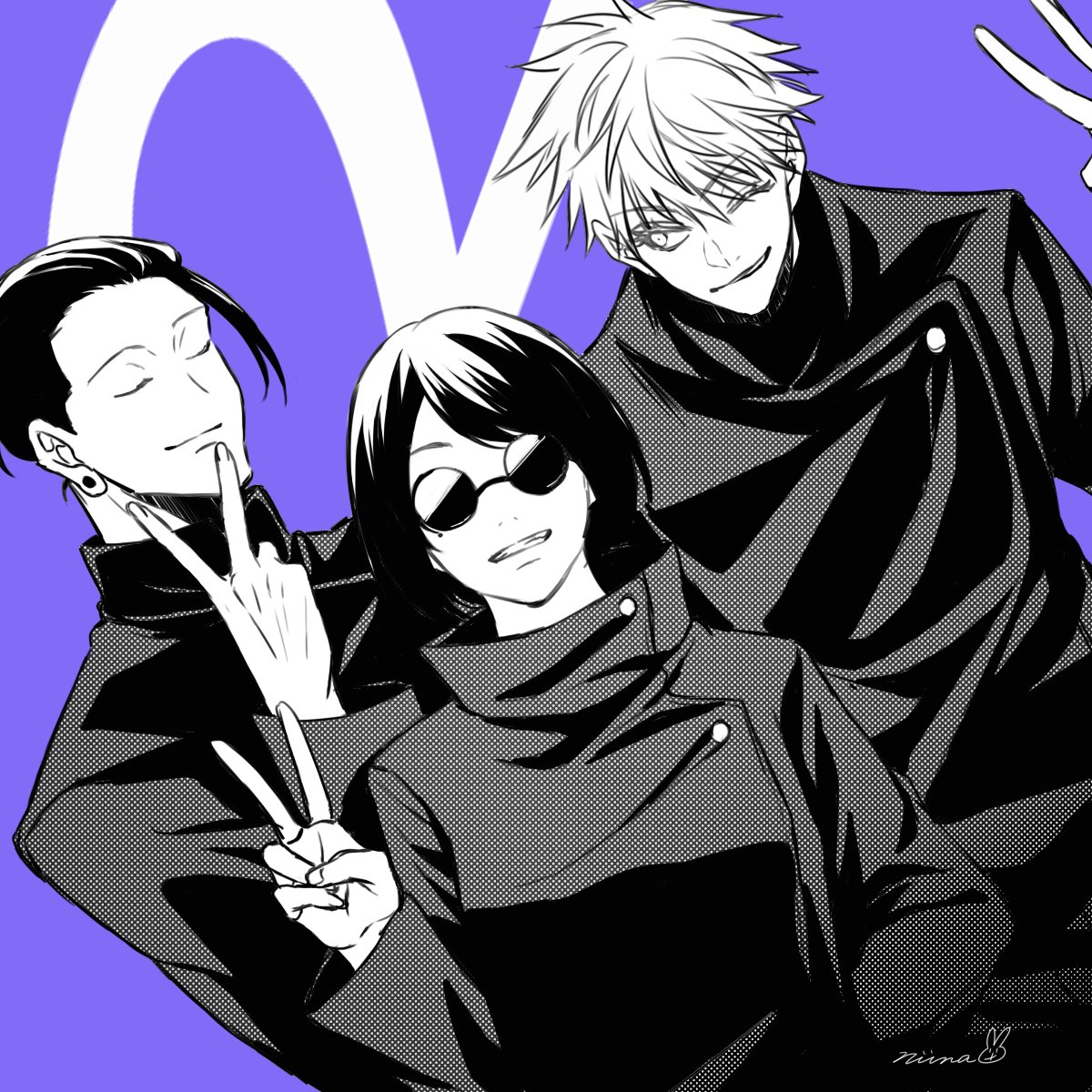 niina 1oo9, getou suguru, gojou satoru, ieiri shoko, jujutsu kaisen, commentary request, highres, 1girl, 2boys, aged down, clenched teeth, closed eyes, dutch angle, greyscale with colored background, hair bun, high collar, jujutsu tech uniform, looking at another, looking at viewer, multiple boys, one eye closed, purple background, round eyewear, short hair, signature, single sidelock, smile, swept bangs, teeth, upper body, v