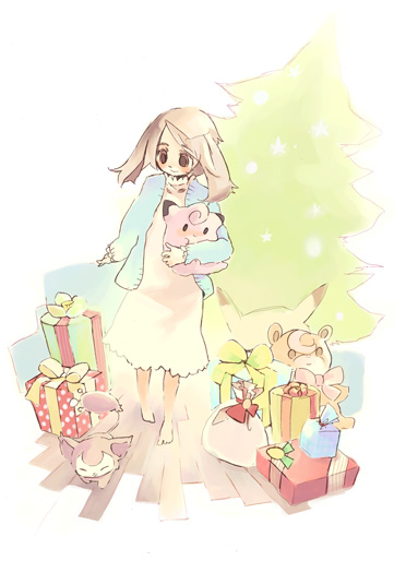 kan san, clefairy, may (pokemon), skitty, teddiursa, nintendo, pokemon, pokemon rse, 00s, 1girl, alternate costume, blue eyes, brown eyes, brown hair, christmas, christmas tree, coat, dress, gen 1 pokemon, gen 2 pokemon, gen 3 pokemon, gift, pokemon (creature), short hair, toy
