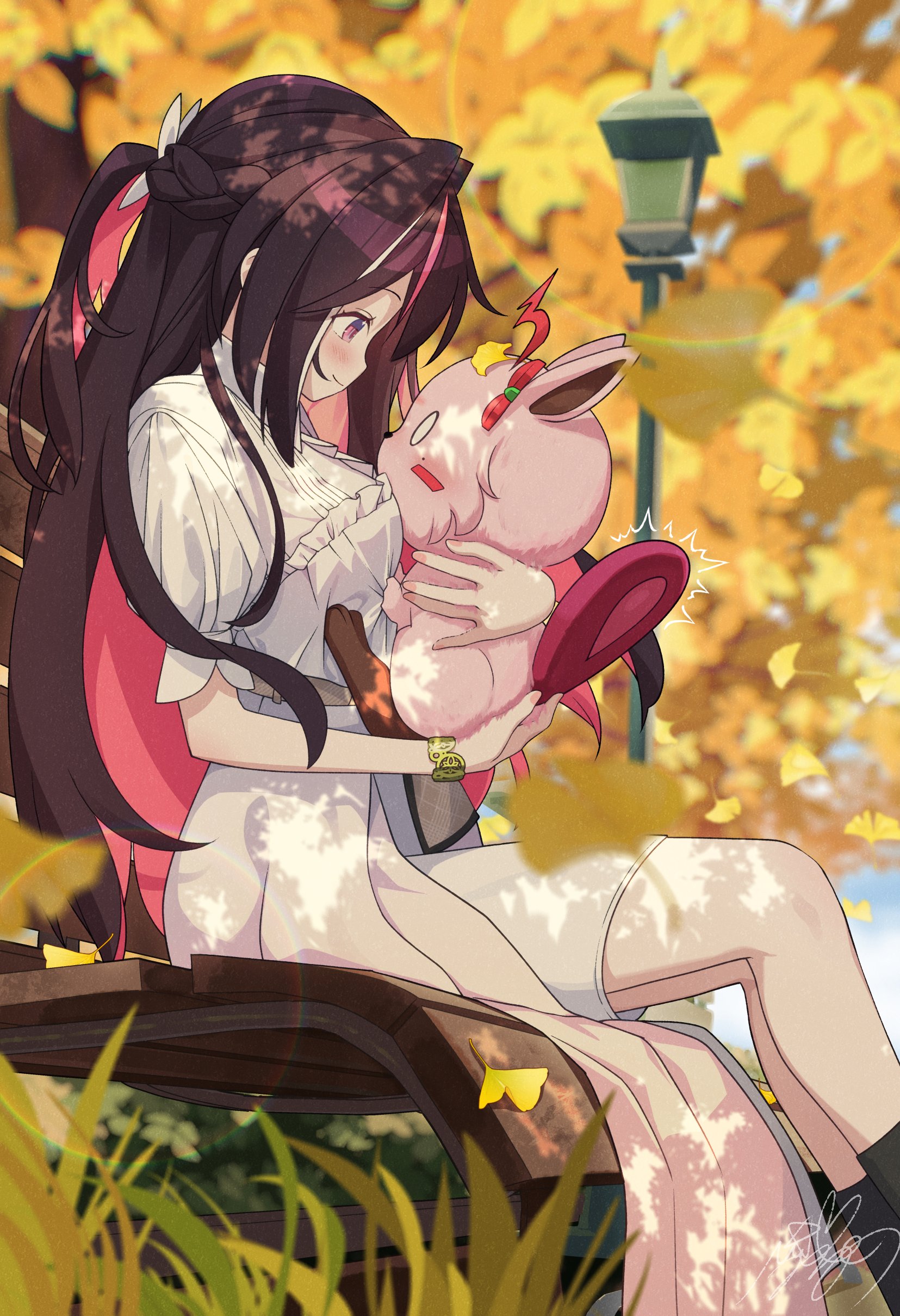 mille, azki (hololive), pioneer (azki), hololive, absurdres, highres, 0th generation (hololive), bench, breasts, colored inner hair, dress, frilled overskirt, gradient clothes, gradient dress, high-low dress, long hair, mole, mole under eye, multicolored hair, park bench, purple eyes, sitting, virtual youtuber
