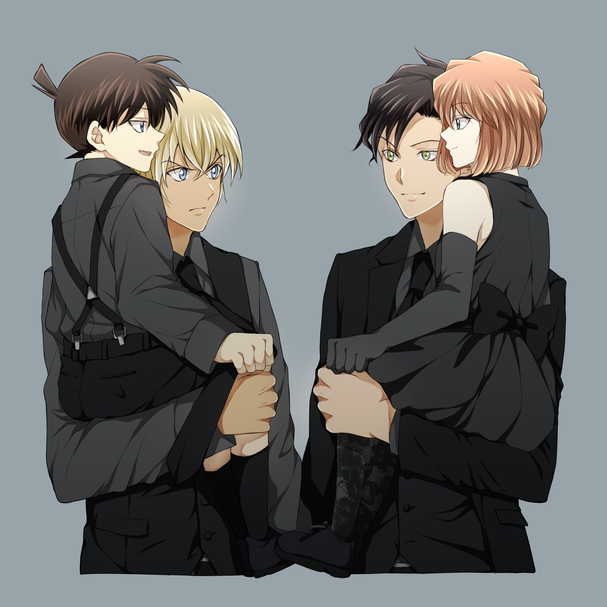 niina 1oo9, akai shuuichi, amuro tooru, edogawa conan, haibara ai, meitantei conan, highres, 1girl, 3boys, black gloves, black jacket, black necktie, black shoes, black suit, black vest, blonde hair, blue eyes, brown hair, carrying, carrying person, elbow gloves, eye contact, formal clothes, gloves, green eyes, grey shirt, hair between eyes, jacket, looking at another, multiple boys, necktie, profile, shirt, shoes, short hair, simple background, smile, suit, v-shaped eyebrows, vest