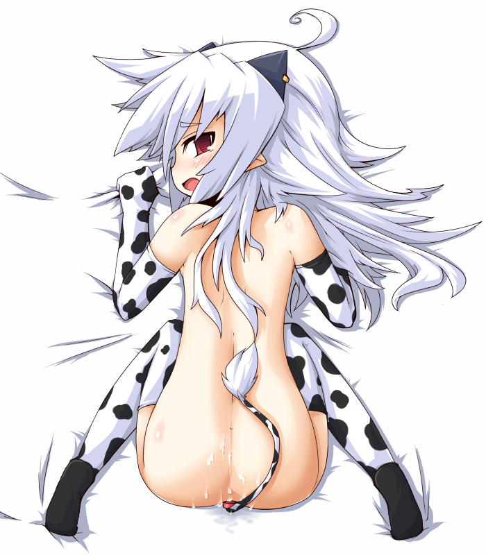 reku, rex (artist), shiroko (character), shiroko (reku), original, 1girl, all fours, anal, anal beads, anal tail, animal print, ass, blush, butt plug, cow print, cum, cum on ass, cum on body, cum on lower body, elbow gloves, fake tail, female focus, gloves, horns, loli, long hair, looking back, object insertion, pointy ears, red eyes, sex toy, solo, tail, thighhighs, white hair