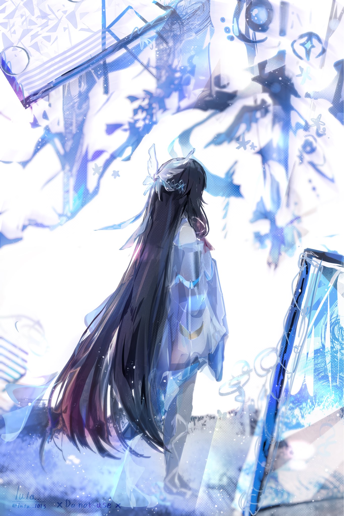 luta (luta 1013), columbina (genshin impact), genshin impact, commentary, hashtag-only commentary, highres, 1girl, bare shoulders, black hair, dress, from side, full body, hair ornament, long hair, long sleeves, multicolored hair, purple hair, solo, standing, very long hair, white dress, wing hair ornament