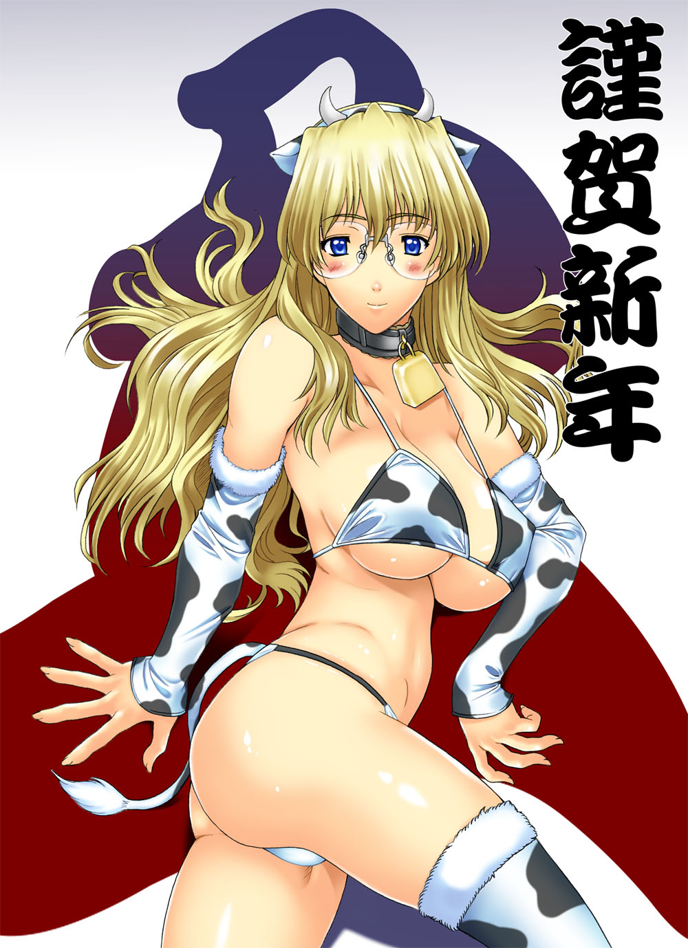 kamia (not found), sugino miyo, original, bad id, bad pixiv id, highres, translated, 1girl, animal print, ass, bell, bikini, blonde hair, blue eyes, blush, breasts, cleavage, collar, cow print, cowbell, detached sleeves, female focus, glasses, horns, large breasts, long hair, neck bell, new year, sideboob, solo, string bikini, swimsuit, tail, thighhighs, underboob, very long hair