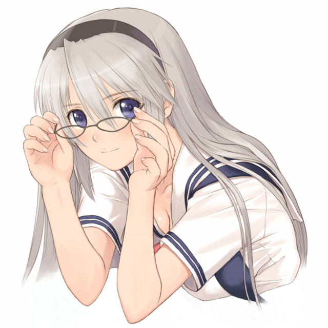 tony taka, sakagami tomoyo, clannad, 00s, 1girl, blue eyes, breasts, cleavage, female focus, glasses, grey hair, hairband, long hair, medium breasts, school uniform, solo