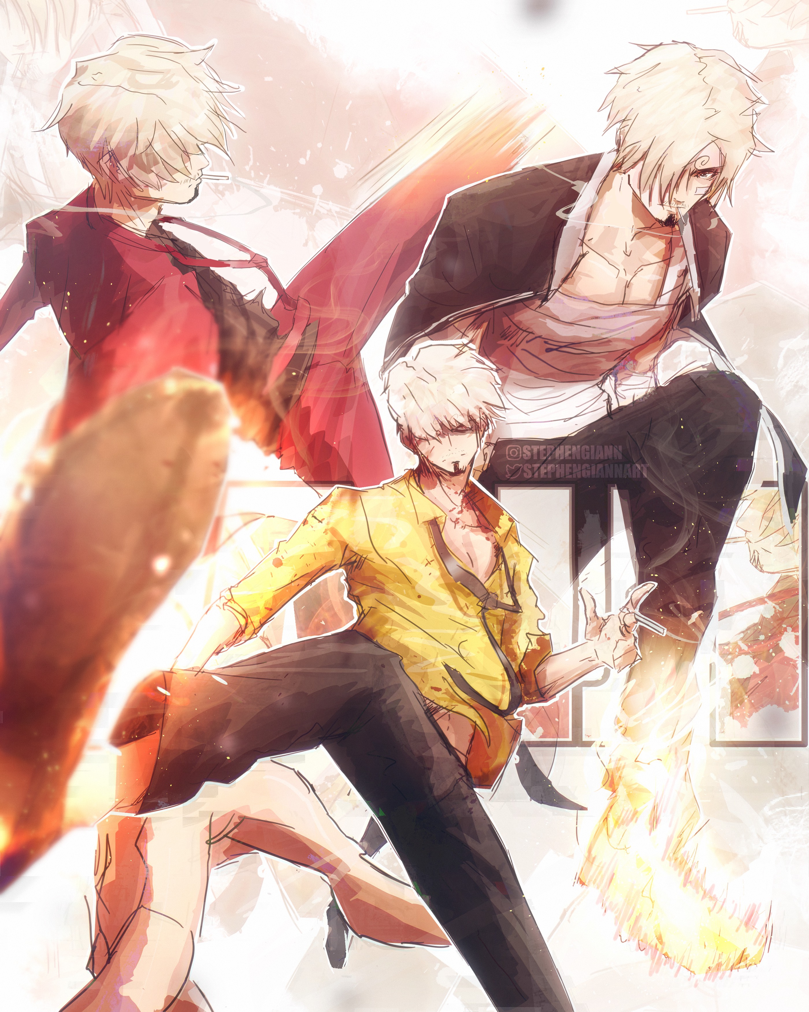 stephengiannart, sanji (one piece), one piece, absurdres, commentary, highres, 1boy, bandaged torso, black pants, black suit, blonde hair, blood, blood on clothes, character name, cigarette, curly eyebrows, diable jambe, facial hair, fire, formal clothes, goatee, holding, holding cigarette, instagram logo, instagram username, jacket, jacket on shoulders, leg up, male focus, necktie, pants, red necktie, red pants, red shirt, red suit, shirt, short hair, suit, twitter logo, twitter username, yellow shirt