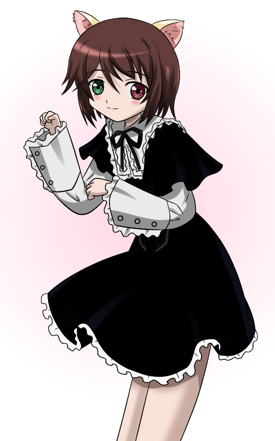 souseiseki, rozen maiden, 00s, 1girl, animal ears, blush, boku in black, brown hair, cat ears, cat girl, female focus, gradient background, heterochromia, short hair, solo