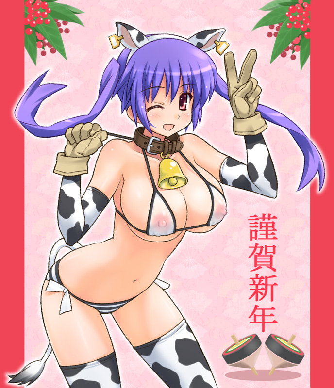 itoji, original, 1girl, animal ears, animal print, bell, bikini, breasts, collar, cow ears, cow girl, cow print, cow tail, elbow gloves, female focus, gloves, large breasts, long hair, neck bell, nipples, one eye closed, purple hair, red eyes, see-through clothes, side-tie bikini bottom, solo, string bikini, swimsuit, tail, thighhighs, twintails, v, wink
