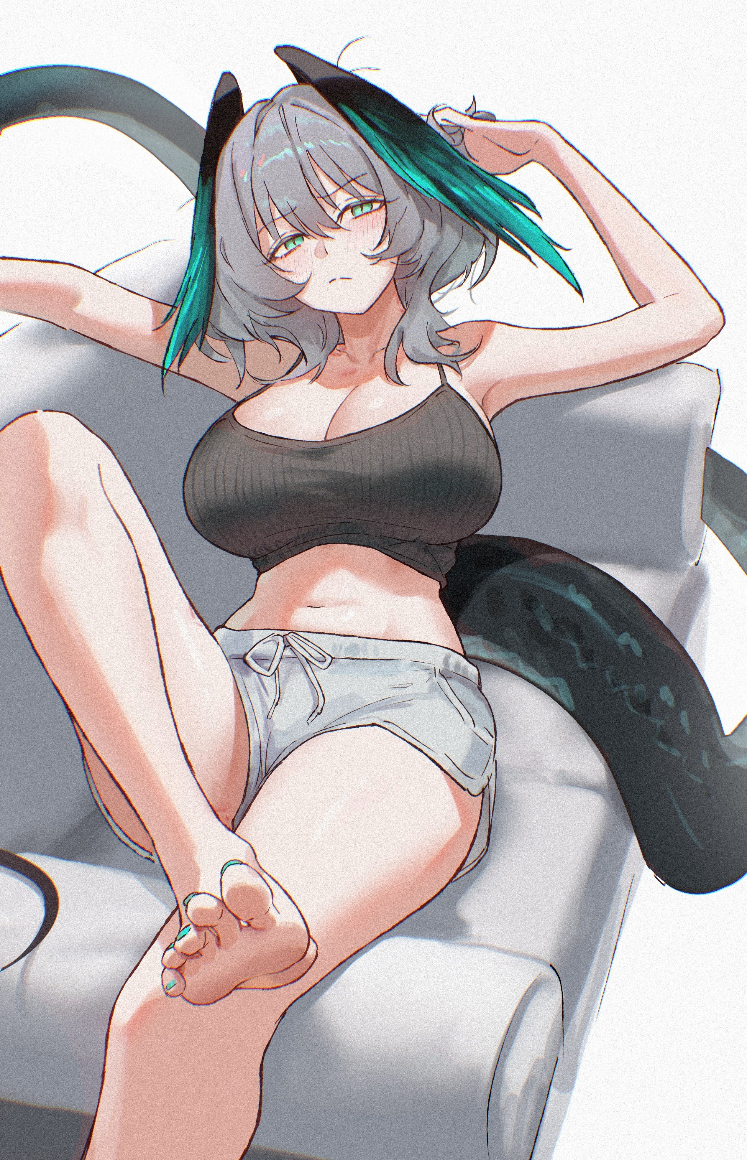 uof, ho'olheyak (arknights), arknights, absurdres, highres, 1girl, barefoot, blush, breasts, couch, dolphin shorts, feet, green eyes, grey hair, head wings, large breasts, long hair, looking at viewer, shorts, soles, tail, toes, wings