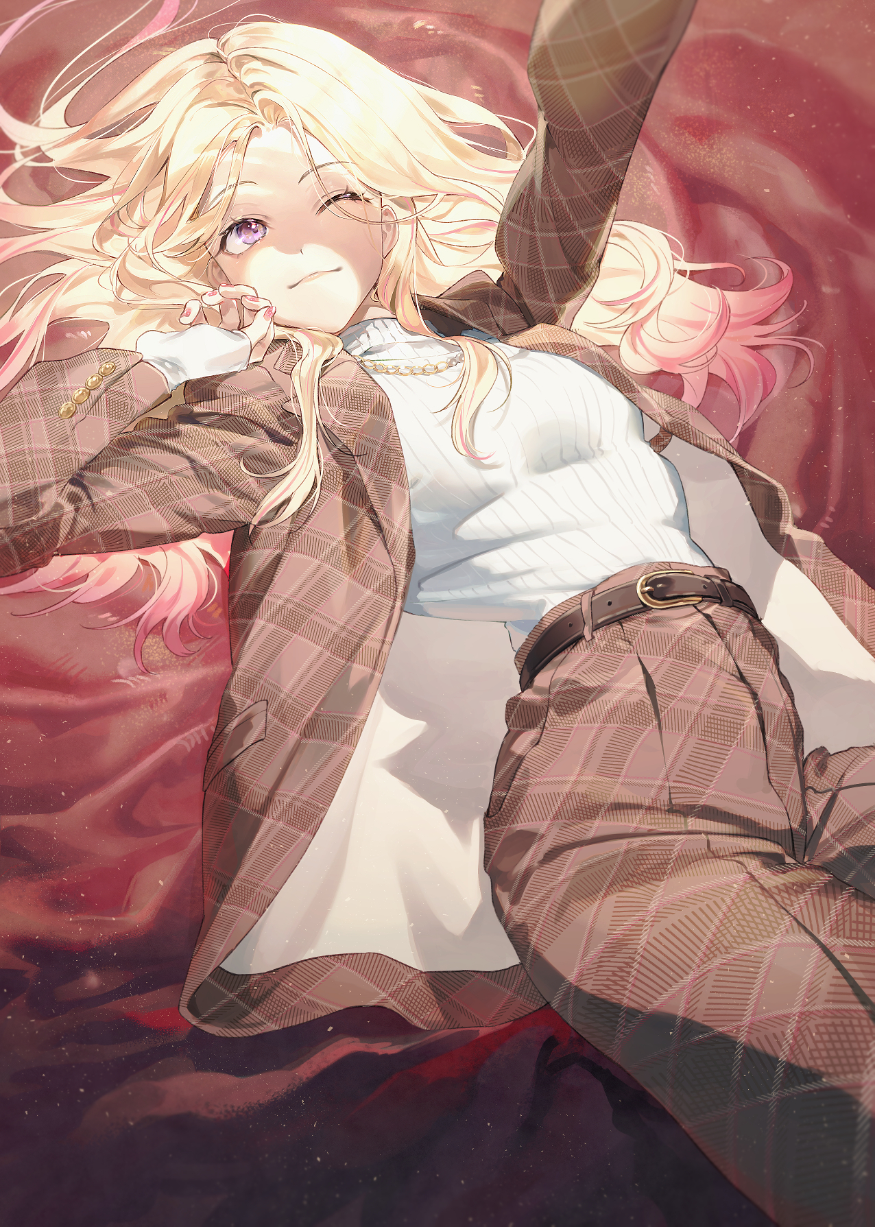 rain (regen), juo sena, gakuen idolmaster, idolmaster, commentary, highres, 1girl, ;), arm up, belt, blonde hair, breasts, brown jacket, brown pants, chain, chain around neck, fingernails, hair spread out, jacket, long hair, lying, medium breasts, nail polish, on back, one eye closed, open clothes, open jacket, pants, purple eyes, ribbed sweater, smile, solo, sweater, sweater tucked in, white sweater
