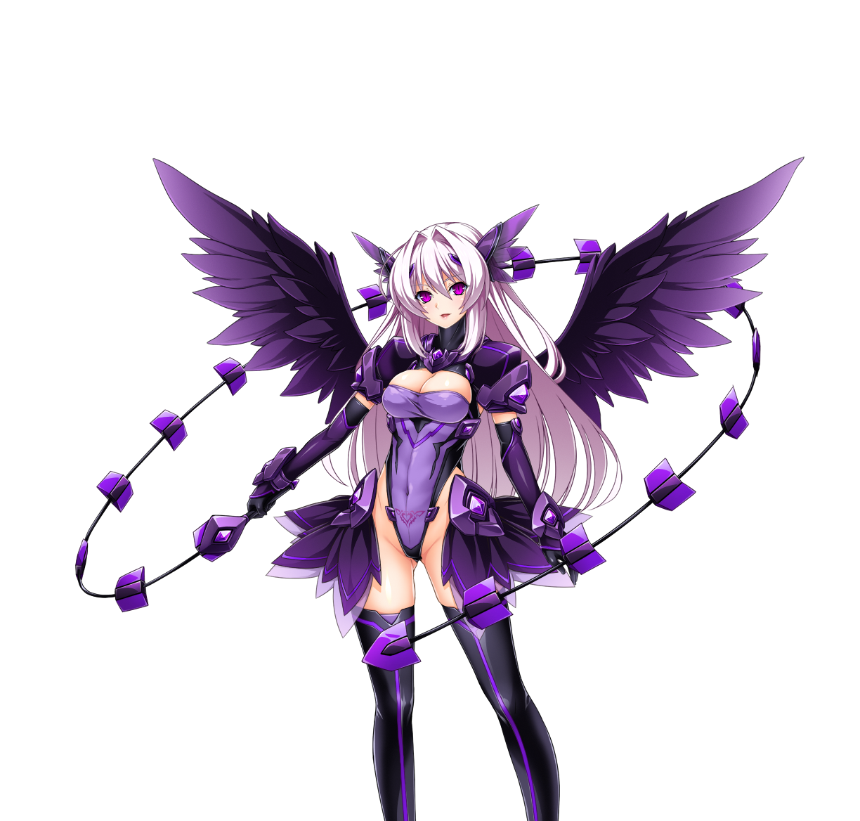inoino, katsuragi marina, kouyoku senki exs-tia, game cg, large variant set, non-web source, official art, variant set, 1girl, armor, black thighhighs, black wings, breasts, cleavage, cleavage cutout, clothing cutout, corruption, covered erect nipples, covered navel, dark exs-tia, dark persona, elbow gloves, feathered wings, gloves, gluteal fold, hair intakes, hair ornament, headgear, highleg, highleg leotard, holding, holding weapon, large breasts, leotard, long hair, looking at viewer, medium breasts, open mouth, purple eyes, purple leotard, purple wings, shiny clothes, shoulder armor, showgirl skirt, skirt, smile, solo, standing, tattoo, thighhighs, transparent background, turtleneck, weapon, whip sword, white hair, wings