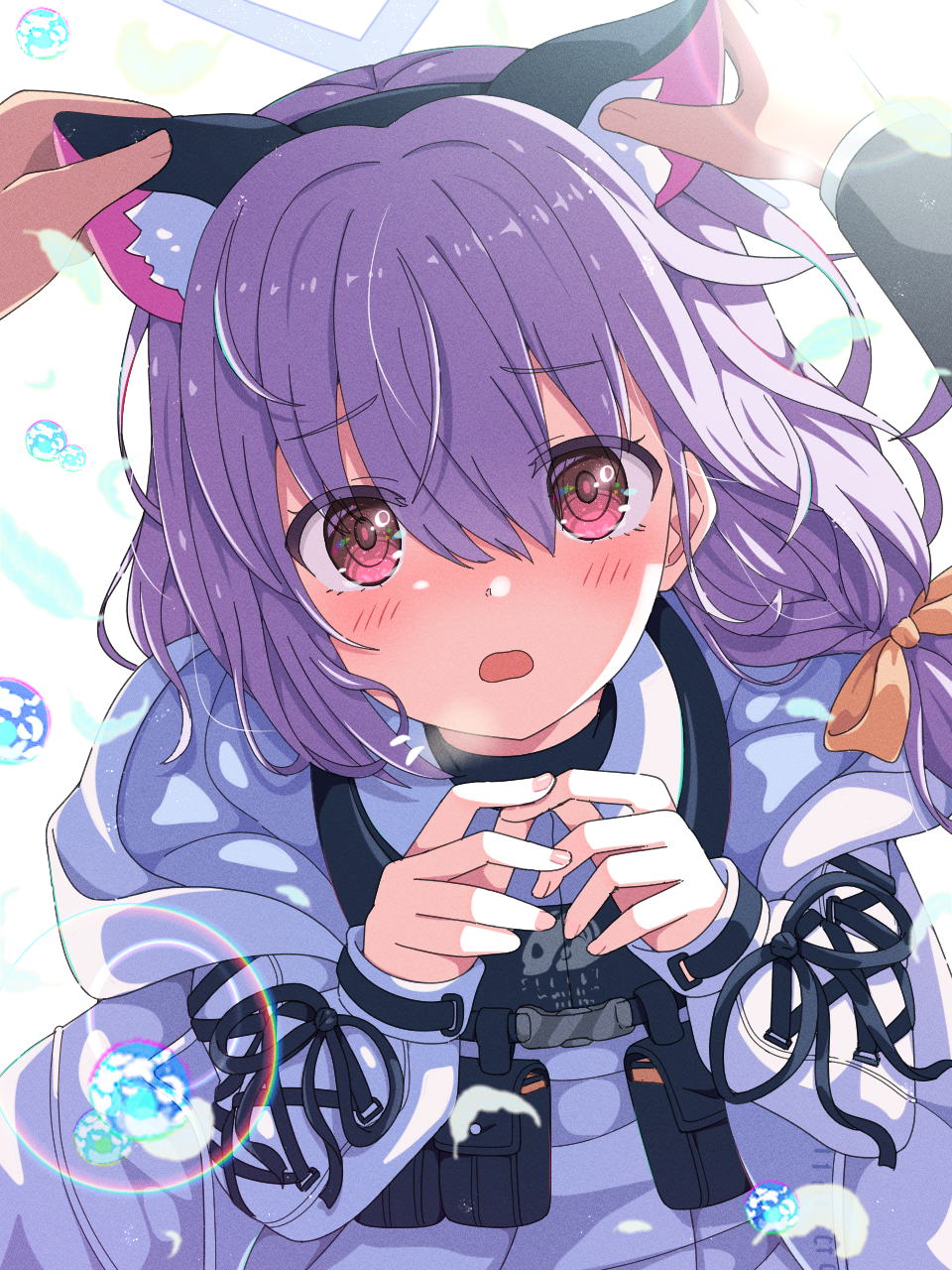 mikoshi (user wvyd4348), atsuko (blue archive), blue archive, highres, 1girl, animal ears, blush, cat ears, halo, jacket, open mouth, purple hair, white jacket