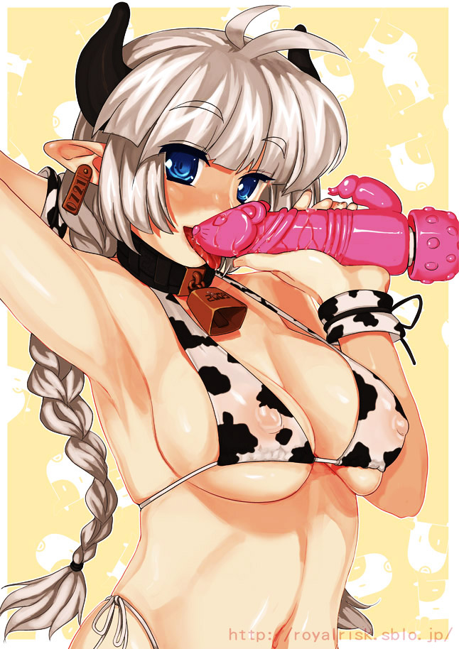 rkrk, 1girl, animal print, bell, blue eyes, braid, breasts, collar, covered erect nipples, cow girl, cow print, dildo, female focus, horns, large breasts, licking, long hair, neck bell, nipples, pointy ears, see-through clothes, sex toy, single braid, solo, white hair
