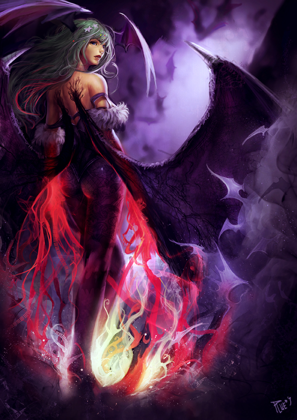 buddy jiang, morrigan aensland, plue, capcom, darkstalkers, 1girl, animal print, ass, bat print, blue eyes, demon girl, elbow gloves, female focus, gloves, green hair, head wings, long hair, looking back, pantyhose, print pantyhose, solo, standing, wings