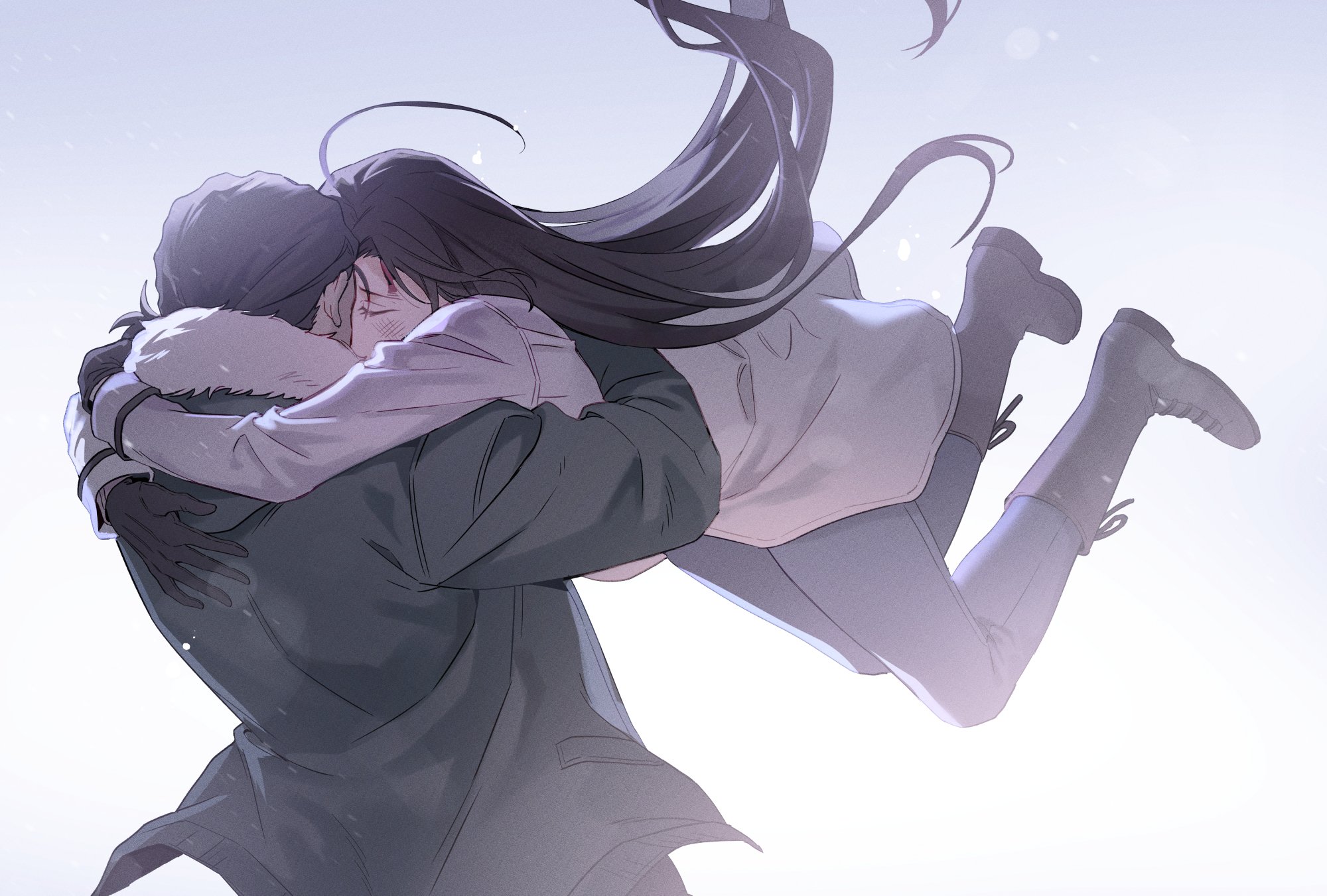 uehara yui, meitantei conan, commentary, highres, korean commentary, mixed-language commentary, 1boy, 1girl, black coat, black hair, blood, blood on face, boots, brown hair, closed eyes, coat, da life conan, fur-trimmed coat, fur trim, gloves, hug, long hair, pants, ponytail, snowing, yamato kansuke