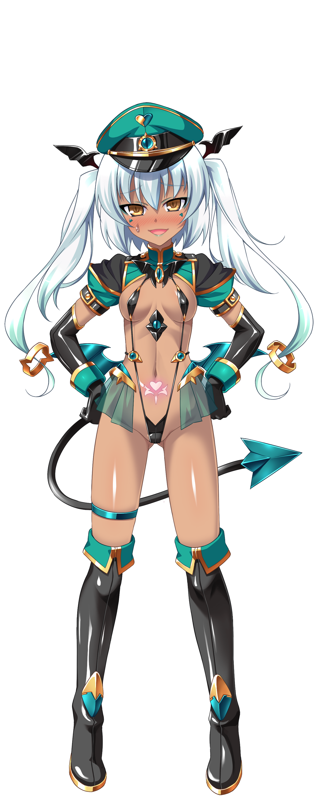 aoi masami, nina wang rockford, slave lapis, ts magical girl nao, absurdres, game cg, highres, large variant set, non-web source, official art, variant set, 1girl, black gloves, blush, boots, breasts, dark-skinned female, dark skin, demon tail, elbow gloves, fang, full body, gloves, hands on own hips, hat, long hair, looking at viewer, military hat, navel, open mouth, peaked cap, pubic tattoo, revealing clothes, see-through clothes, slave gear, slingshot swimsuit, small breasts, smile, solo, standing, swimsuit, tachi-e, tail, tan, tattoo, thigh boots, thigh strap, thighhighs, transparent background, twintails, white hair, wings, yellow eyes