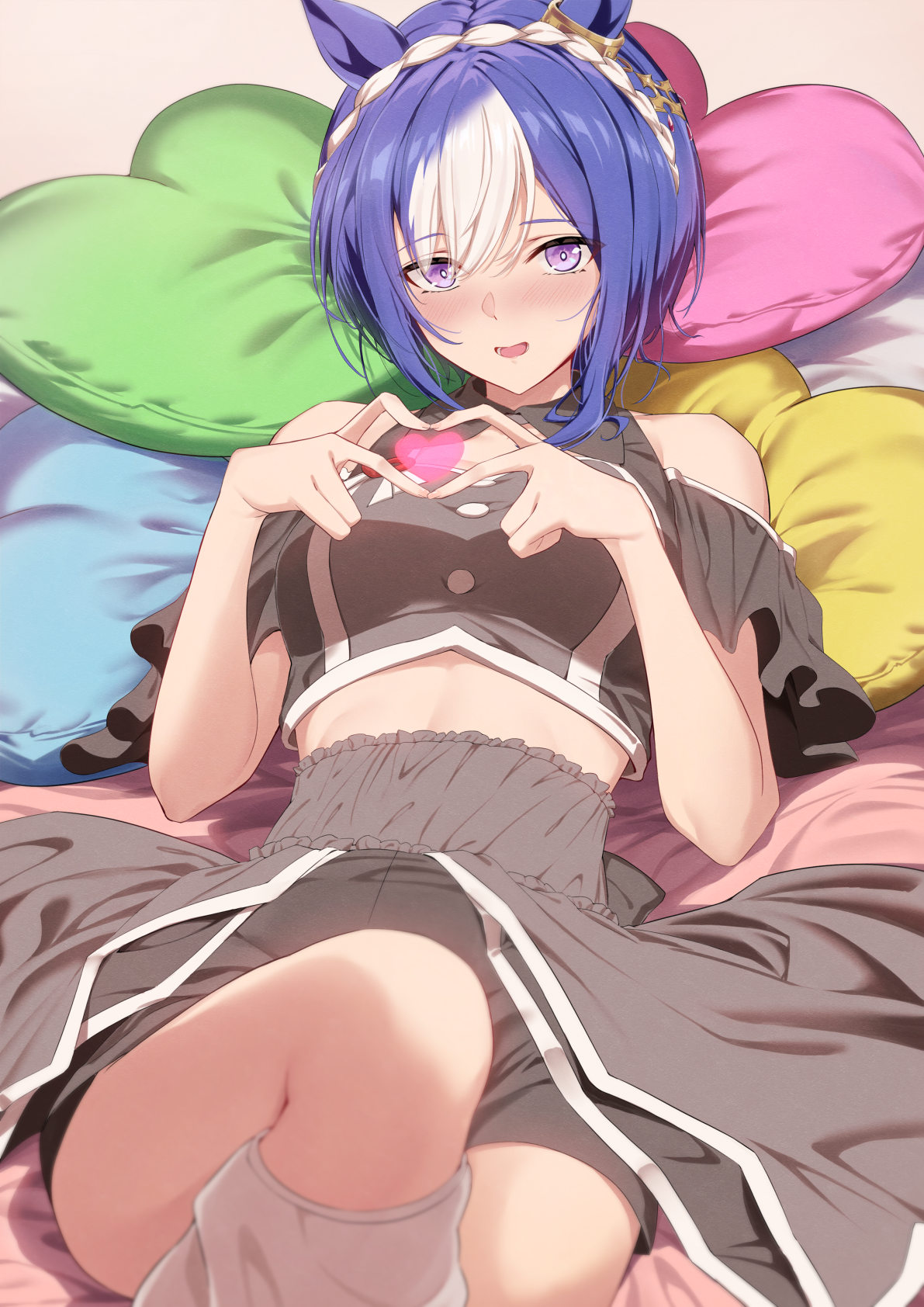 kagari liroi, cesario (umamusume), umamusume, commentary request, highres, 1girl, bare shoulders, blue hair, blush, clothing cutout, crop top, cropped shirt, ear ornament, four-finger heart hands, grey shirt, grey shorts, grey skirt, heart, heart-shaped pillow, heart hands, horse girl, knee up, looking at viewer, loose socks, lying, meni shuki rush-sshu!, midriff, on back, open mouth, pillow, purple eyes, shirt, short hair, short shorts, shorts, shoulder cutout, showgirl skirt, skirt, smile, socks, solo, thighs, white socks, white streaks