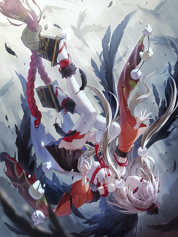 ragnador, commentary request, official art, second-party source, 1girl, black feathers, black hat, black skirt, black wings, detached sleeves, dress, feathers, hat, kurama tengu (ragnador), long hair, mini hat, platform sandals, pleated skirt, red eyes, sandals, skirt, solo, strapless, strapless dress, thighhighs, tokin hat, upside-down, very long hair, white thighhighs, wide sleeves, wings