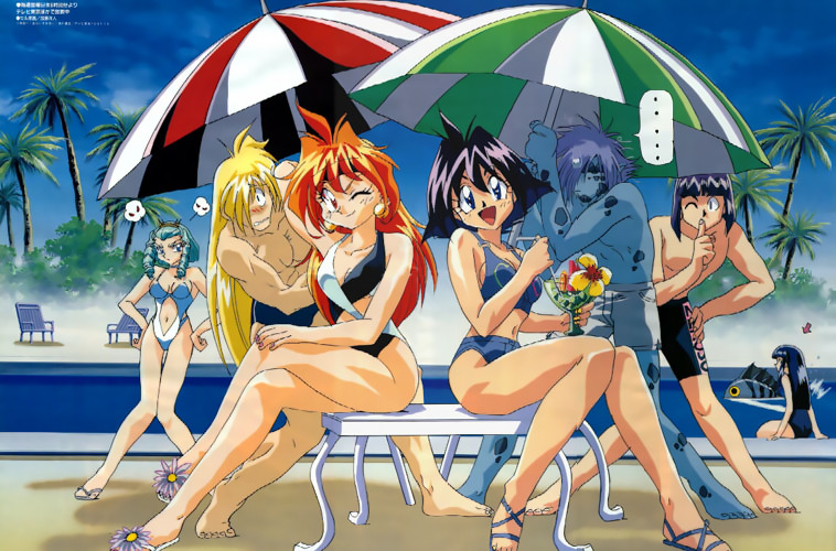 araizumi rui, amelia wil tesla seyruun, gourry gabriev, lina inverse, martina zoana mel navratilova, noonsa, sylphiel nels lahda, xelloss, zelgadiss graywords, slayers, slayers next, 1990s (style), 3girls, 4boys, bikini, blush, crossed legs, day, feet, fishpeople, flip-flops, midriff, multiple boys, multiple girls, one-piece swimsuit, one eye closed, pool, retro artstyle, sandals, sitting, swimsuit, tankini, umbrella, wink
