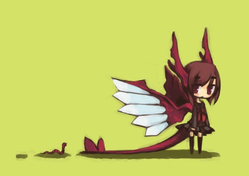 nakayokosotosoto, brown hair, chibi, dragon girl, horns, monster girl, red eyes, school uniform, short hair, solo, wings, worm