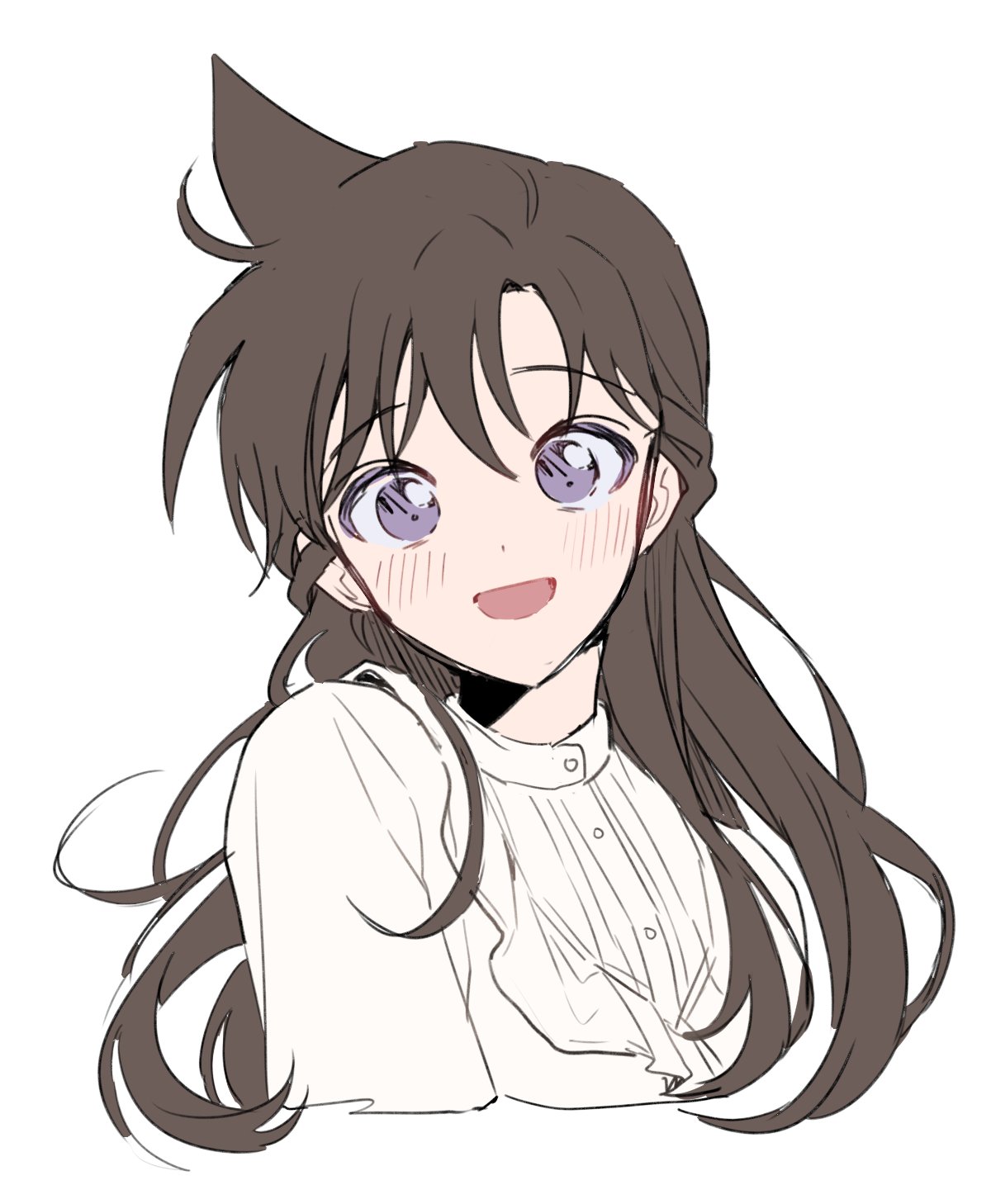 mouri ran, meitantei conan, chinese commentary, commentary, highres, 1girl, blush, brown hair, da life conan, long hair, looking at viewer, open mouth, purple eyes, shirt, simple background, smile, solo, upper body, white background, white shirt