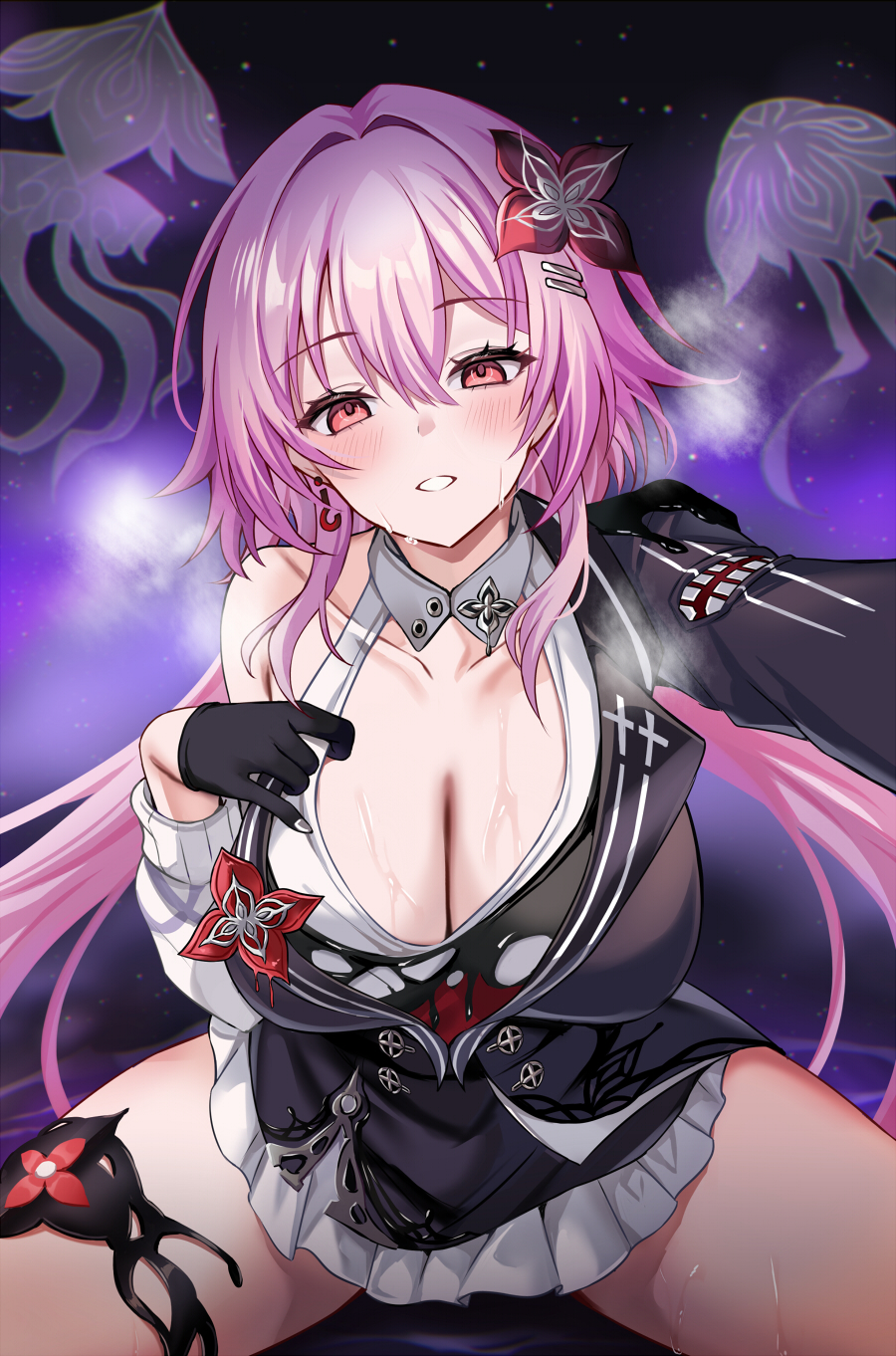 harimoji, evernight (honkai: star rail), march 7th (honkai: star rail), honkai: star rail, honkai (series), commentary request, highres, paid reward available, 1girl, black gloves, blush, breasts, cleavage, collarbone, evey (honkai: star rail), gloves, hair ornament, hairclip, large breasts, long hair, long sleeves, looking at viewer, off shoulder, pink hair, reaching, reaching towards viewer, red eyes, single bare shoulder, smile, solo, thigh strap