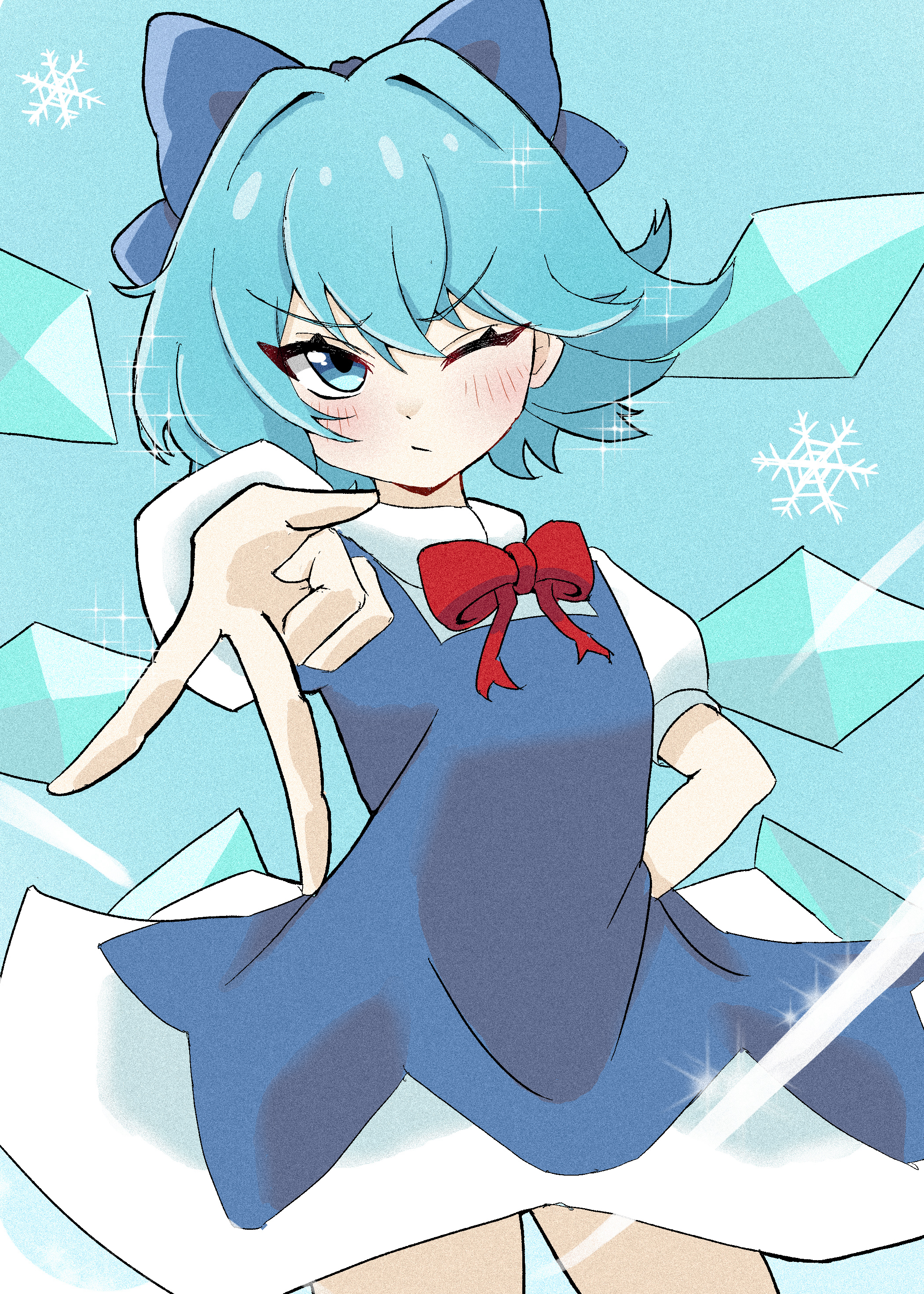 cirno, touhou, absurdres, commentary, highres, 1girl, ;/, arm behind back, blue background, blue bow, blue dress, blue eyes, blue hair, blush, bow, bowtie, dress, fairy, foreshortening, gyaru v, hair bow, hair intakes, ice, ice wings, looking at viewer, multiple wings, pinafore dress, puffy short sleeves, puffy sleeves, red bow, red bowtie, shirt, short hair, short sleeves, sleeveless, sleeveless dress, snowflakes, solo, thighs, tylerdurdenen, v, v-shaped eyebrows, white shirt, wings