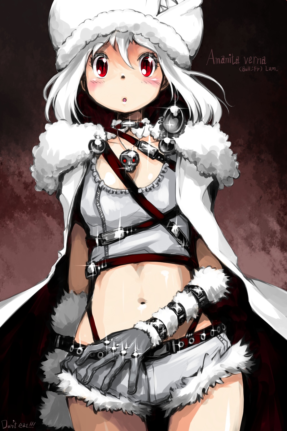 oso (toolate), amanita verna, original, oso-teki kinoko gijinka zukan, highres, 1girl, albino, belt, cape, elbow gloves, female focus, fur hat, gloves, hat, jewelry, midriff, mushroom, necklace, personification, red eyes, short hair, shorts, skull, solo, white hair
