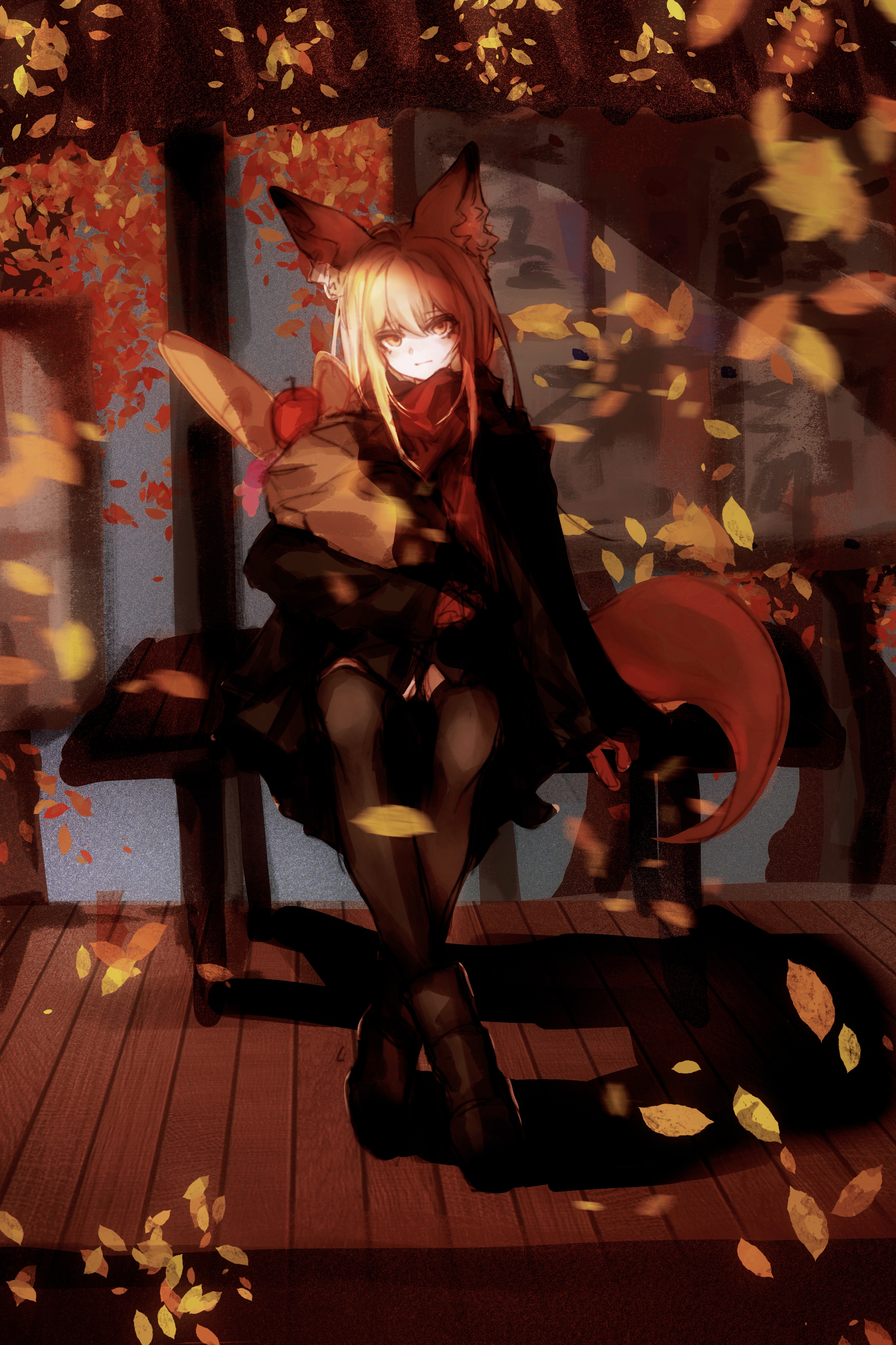 vulpisfoglia (arknights), arknights, absurdres, commentary, highres, textless version, 1girl, animal ears, apple, autumn, autumn leaves, bag, baguette, black jacket, blonde hair, bread, brown pantyhose, brown tail, closed mouth, day, food, fox ears, fox girl, fox tail, fruit, full body, groceries, grocery bag, jacket, leaf, long hair, long sleeves, looking at viewer, outdoors, pantyhose, paper bag, red scarf, scarf, shopping bag, solo, tail, wind, ya ya bu gaga, yellow eyes