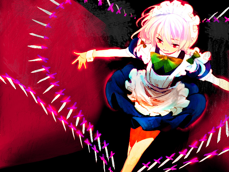sugi, izayoi sakuya, touhou, bad id, bad pixiv id, 1girl, danmaku, female focus, hairband, knife, maid, red eyes, ribbon, short hair, solo, throwing knife, weapon