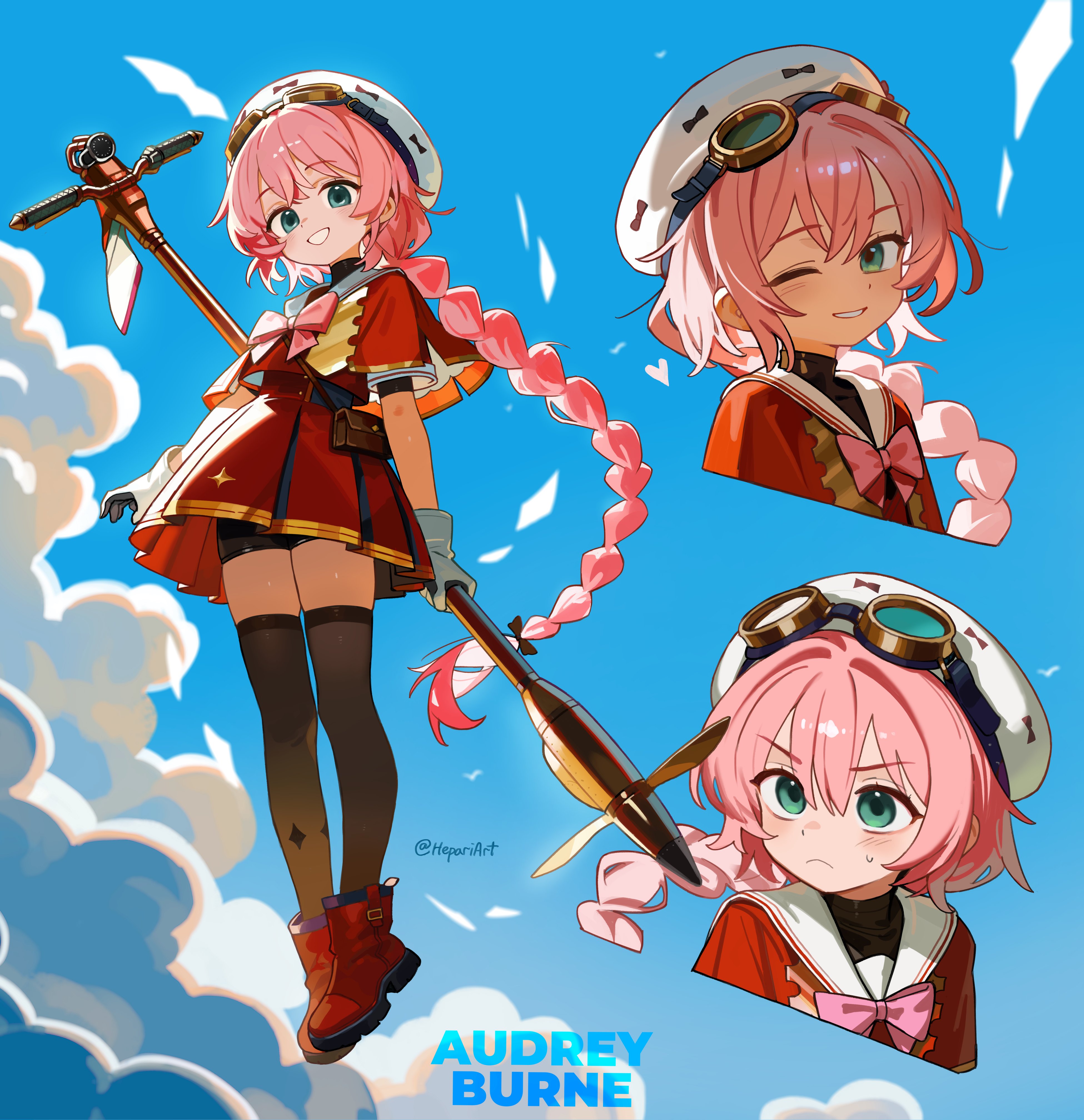 hepari, original, absurdres, highres, 1girl, aqua eyes, beret, bike shorts, bike shorts under skirt, black thighhighs, blush, bow, bowtie, braid, character name, cloud, cloudy sky, flat chest, frown, full body, goggles, goggles on head, green eyes, hat, long braid, long hair, looking at viewer, magical girl, multiple views, one eye closed, pink bow, pink bowtie, pink hair, pleated skirt, red shirt, red shoes, red skirt, sailor collar, shirt, shoes, single braid, skirt, sky, smile, solo, staff, sweatdrop, thighhighs, thighs, twitter username, upper body, white hat, white sailor collar