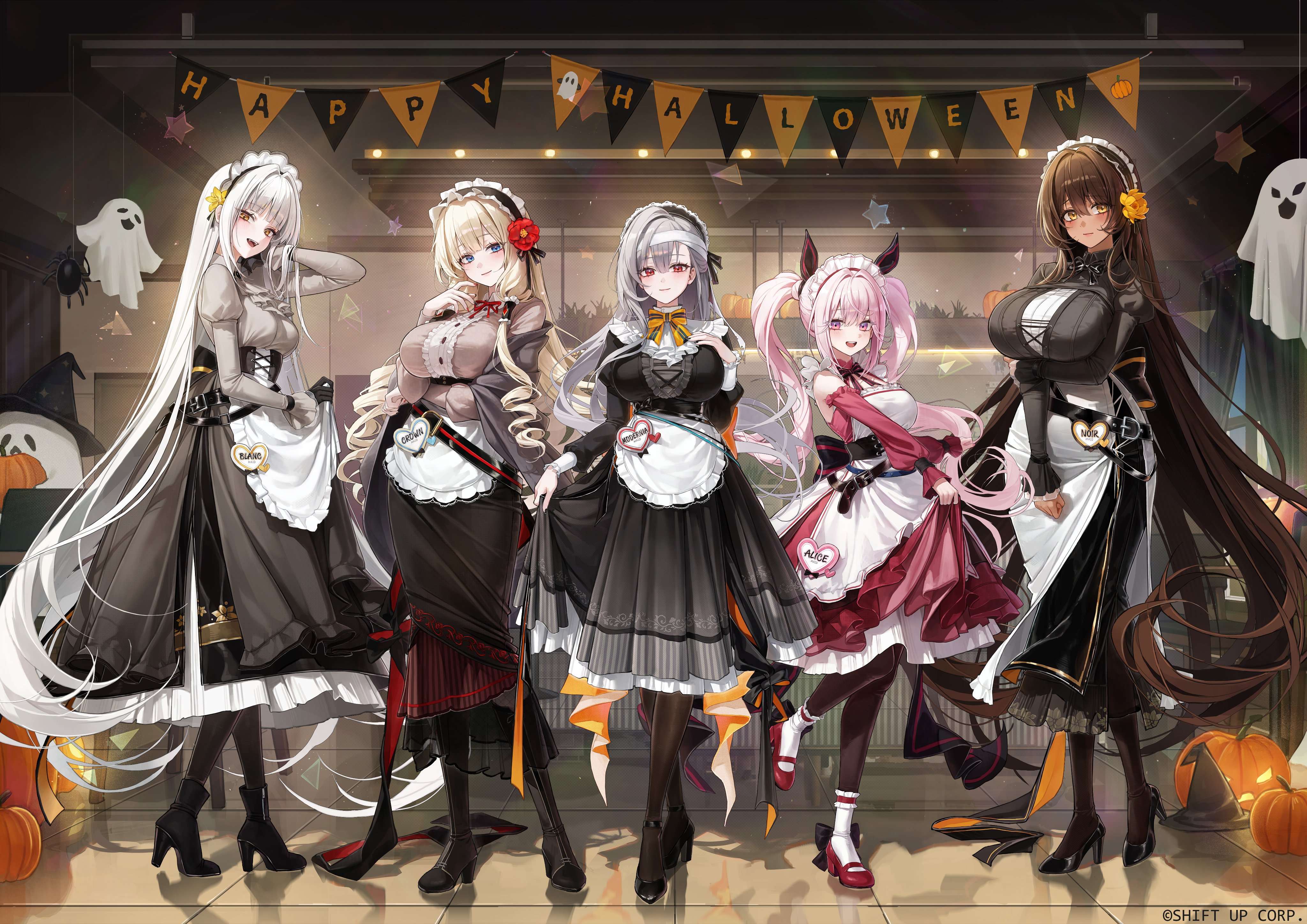 meoyo, alice (nikke), blanc (nikke), crown (nikke), modernia (nikke), noir (nikke), goddess of victory: nikke, absurdres, highres, official art, 5girls, apron, black boots, black dress, black pantyhose, black shoes, blonde hair, boots, breasts, brown hair, center frills, closed mouth, dark-skinned female, dark skin, dress, floating hair, frills, full body, grey hair, happy halloween, high heels, indoors, large breasts, long hair, long sleeves, looking at viewer, maid, maid apron, maid headdress, multiple girls, open mouth, pantyhose, pink dress, pink hair, red scarf, scarf, shoes, smile, socks, socks over pantyhose, standing, standing on one leg, twintails, very long hair, white apron, white socks